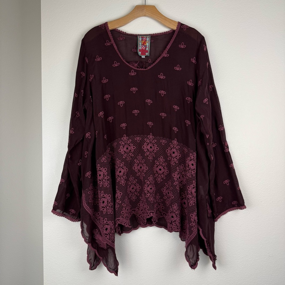 Johnny‎ Was Burgundy Sheer Embroidered Tunic Blouse Top